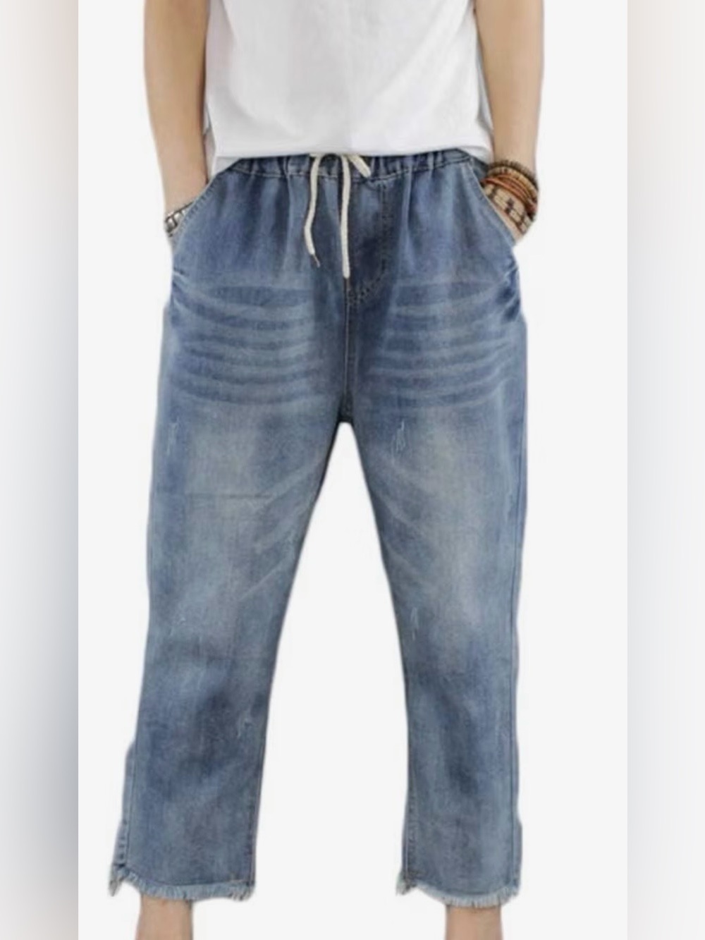 Women's Light Wash Elastic Waist Baggy Drawstring Denim Palazzo Pants size L
